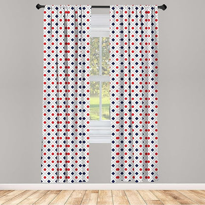Ambesonne Abstract Window Curtains, Big Red Dots Squares and Dashed Lines Geometric Tile Print, Lightweight Decor 2-Panel Set with Rod Pocket, Pair of - 28" x 84", Dark Blue Navy