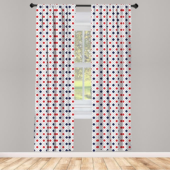 Ambesonne Abstract Window Curtains, Big Red Dots Squares and Dashed Lines Geometric Tile Print, Lightweight Decor 2-Panel Set with Rod Pocket, Pair of - 28" x 63", Dark Blue Navy