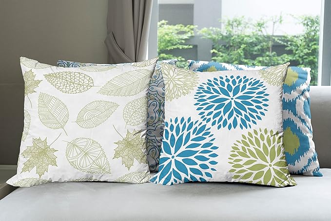 Ambesonne Vintage Throw Pillow Cushion Case Pack of 4, Bohemian Ornamental Leaves Dahlia Pattern Geometric Art Curlicue Motif, Modern Accent Double-Sided Digital Printing, 16", Blue Olive Green White