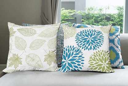 Ambesonne Vintage Throw Pillow Cushion Case Pack of 4, Bohemian Ornamental Leaves Dahlia Pattern Geometric Art Curlicue Motif, Modern Accent Double-Sided Digital Printing, 16", Blue Olive Green White