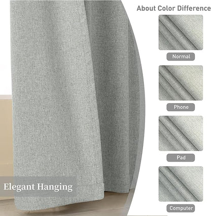 KangBang 100% Blackout Linen Curtains 90 Inches Long 2 PCs, Back Tab Rod Pocket Energy Saving Gray Curtains for Bedroom Dining Home Office, Thermal Insulated & Noise Reducing(Ash Fog Grey,52x90 Inch)