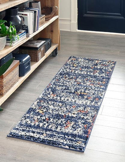 Rugs.com Morocco Collection Rug – 10 Ft Runner Navy Blue High-Pile Rug Perfect for Hallways, Entryways
