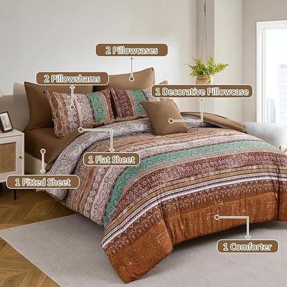 Cottolester Boho Comforter Set Full Size 8 Pieces, Brown Bohemian Striped Bed in a Bag, Paisley Soft Microfiber Bedding Comforter Set