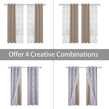BONZER Mix and Match Curtains - 2 Pieces Branch Print Sheer Curtains and 2 Pieces Blackout Curtains for Bedroom Living Room Grommet Window Drapes, 37x95 Inch/Panel, Taupe, Set of 4 Panels