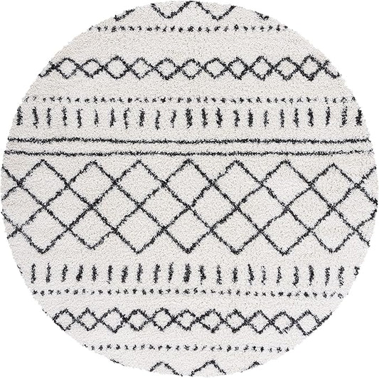 SAFAVIEH Arizona Shag Collection Area Rug - 5'1" Round, Ivory & Black, Moroccan Design, Non-Shedding, 1.6-inch Thick, Ideal for High Traffic Areas in Living Room, Bedroom (ASG741Z-5R)