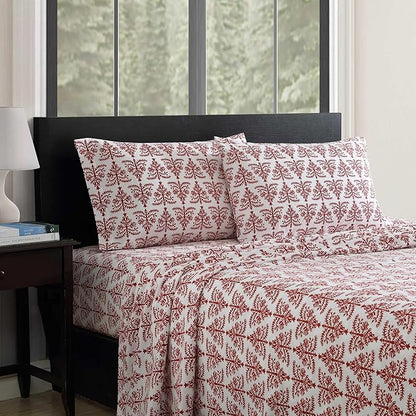 Eddie Bauer - Flannel Sheets Queen Size, Anti-Pilling & Wrinkle Resistant Cotton, Touchably Soft for All-Season Comfort - Bed Sheets with Matching Pillowcases & Fitted Sheet (Jolly Trees Red)