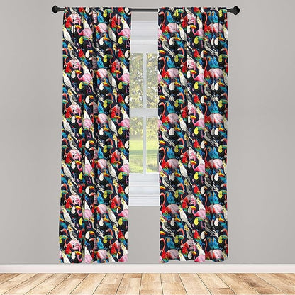 Ambesonne Animal 2 Panel Curtain Set, Colorful Exotic Birds Cockatoo Flamingo Macaw Parrot Toucan Tropic Wildlife Art, Window Treatment Living Room Bedroom Decor, Pair of - 28" x 63", Red Grey