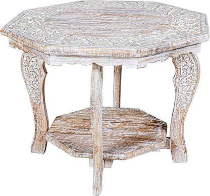 Hand Carved Wooden Octagon Coffee Table, 24"x24"x18" White wash Farmhouse Accent End Table, Rustic Foldable Side Table Nightstand for Bedroom, Dining Room & Living Room