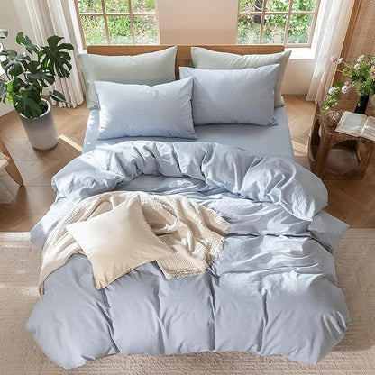 MooMee Bedding Duvet Cover Set 100% Washed Cotton Linen Like Textured Breathable Durable Soft Comfy (Heathered Cornflower Blue, Cal King 104"x98")