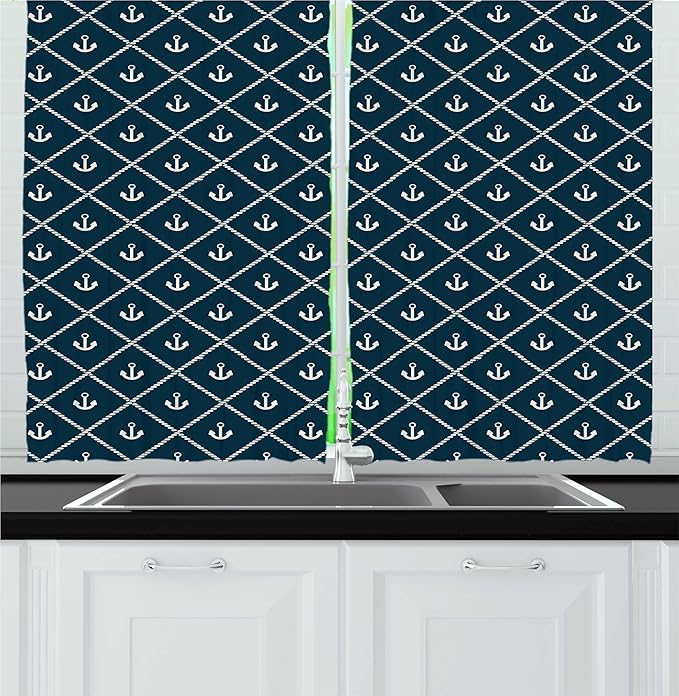 Lunarable Rhombus Print Kitchen Curtains, Nautical Layout of Anchor and Pattern Marine Life Items, Window Drapes 2 Panel Set for Kitchen Cafe Decor, 55" x 30", Dark Petrol Blue Ivory