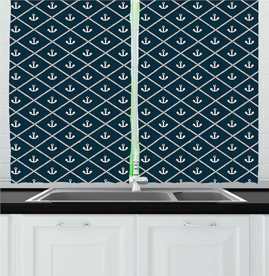 Lunarable Rhombus Print Kitchen Curtains, Nautical Layout of Anchor and Pattern Marine Life Items, Window Drapes 2 Panel Set for Kitchen Cafe Decor, 55" x 30", Dark Petrol Blue Ivory