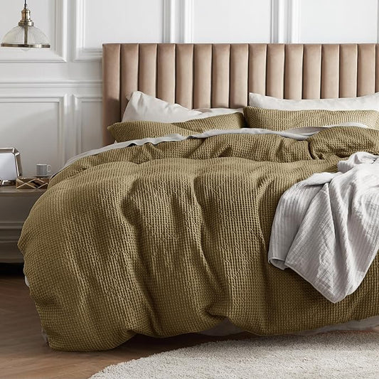 Bedsure Cotton Duvet Cover King - 100% Cotton Waffle Weave Fennel Seed Duvet Cover King Size, GentleSoft™ and Breathable Bedding Set for All Season, 3 Pieces, 104"x90"
