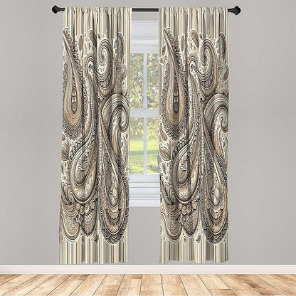 Ambesonne Paisley Window Curtains Pack of 2, Delicate Bohemian Leafy Motives on Stripes in Neutral Muted Colors, Lightweight Set with Rod Pocket, 4 Panels of - 28" x 84", Warm Taupe Ivory and Sepia