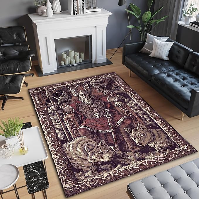 Nordic Rug, Mythological Carpet, Scandinavian Decor, Viking Drakkar Symbols, Compass Rug, Valknut Norse Mythology Viking, Ansuz Carpet np550 (55X78inch//140x200Cm)