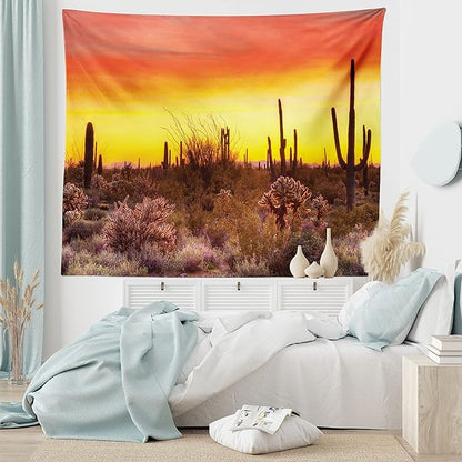 Ambesonne Saguaro Tapestry, Sun Rays Over Sonoran Desert at Sunset Brittle Bush Shrub Vibrant Colors, Wide Wall Hanging for Bedroom Living Room Dorm, 60" X 40", Red Orange Black