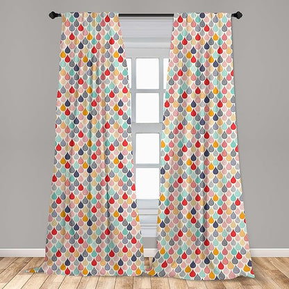 Ambesonne Geometric Window Curtains Pack of 2, Raindrops Doodle Style Creative Leaf Shaped Colorful Girls Theme, Lightweight Set with Rod Pocket, 4 Panels of - 28" x 95", Teal Coral