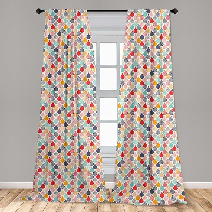 Ambesonne Geometric Window Curtains, Raindrops Doodle Style Creative Leaf Shaped Colorful Girls Theme, Lightweight Decor 2-Panel Set with Rod Pocket, Pair of - 28" x 84", Teal Coral