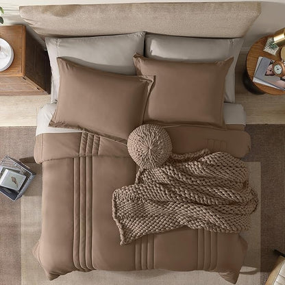 Monbix Queen Comforter Set - 7 Pieces Raw Umber Bed in a Bag Queen Bedding Sets with Comforters, All Seasons Down Alternative Comforter Bed Set with Sheets,Pillowcases & Shams