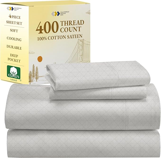 California Design Den Queen Sheet Set - 400 Thread Count Sateen, Natural 100% Cotton Sheet Set Queen Size, Deep Pocket Cooling and Durable Bedding - Taupish-Sage Crosshatch