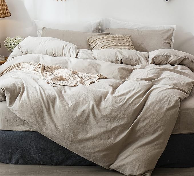 MooMee Bedding Duvet Cover Set 100% Washed Cotton Linen Like Textured Breathable Durable Soft Comfy (Heathered Tannish Linen Grey, King 104"x90")