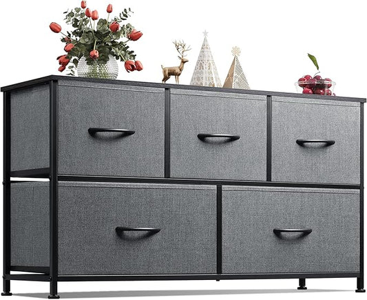WLIVE Dresser for Bedroom with 5 Drawers, Wide Chest of Drawers, Fabric Dresser, Storage Organizer Unit with Fabric Bins for Closet, Living Room, Hallway, Dark Grey