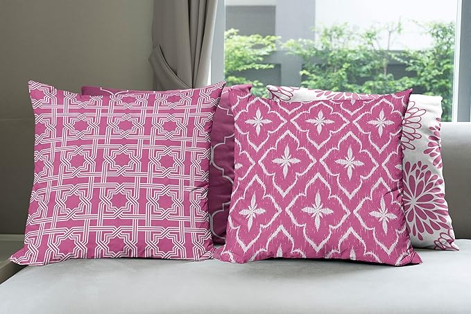 Ambesonne Vintage Throw Pillow Cushion Case Pack of 4, Monochrome Design Grid Trellis Quatrefoil Mesh and Dahlia Flowers Modern Print, Modern Accent Double-Sided Digital Printing, 24", Pink and White