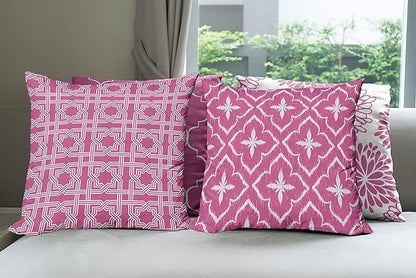 Ambesonne Vintage Throw Pillow Cushion Case Pack of 4, Monochrome Design Grid Trellis Quatrefoil Mesh and Dahlia Flowers Modern Print, Modern Accent Double-Sided Digital Printing, 24", Pink and White
