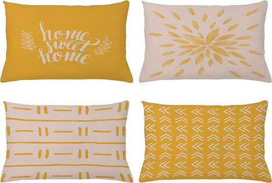 Ambesonne Modern Throw Pillow CushiCase Pack 4, Scandinavian Minimal Ornaments Boho Feather Leaves Home Phrase, Modern Accent Double-Sided Digital Printing, 20" x 12", Pale Tan and Earth Yellow