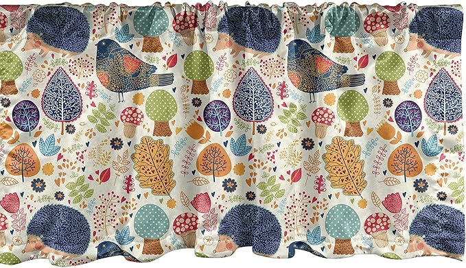 Lunarable Fall Window Valance, Hedgehog Pigeon and Mushroom with Autumn Season Themed Forest Design Falling Leaves, Curtain Valance for Kitchen Bedroom Decor with Rod Pocket, 54" X 12", Navy Beige