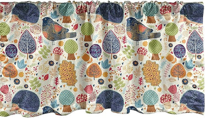 Lunarable Fall Window Valance, Hedgehog Pigeon and Mushroom with Autumn Season Themed Forest Design Falling Leaves, Curtain Valance for Kitchen Bedroom Decor with Rod Pocket, 54" X 12", Navy Beige