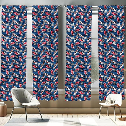 Ambesonne Cars Window Curtains Pack of 2, Vintage Racing Cars on Blue Stripes with Checkered Flags Automobile Sports, Lightweight Set with Rod Pocket, 4 Panels of - 28" x 63", Navy Blue