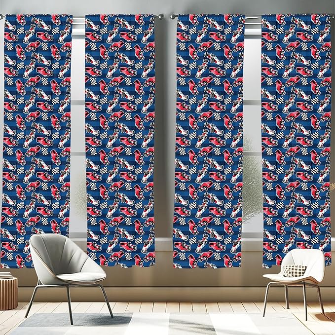 Ambesonne Cars Window Curtains Pack of 2, Vintage Racing Cars on Blue Stripes with Checkered Flags Automobile Sports, Lightweight Set with Rod Pocket, 4 Panels of - 28" x 95", Navy Blue