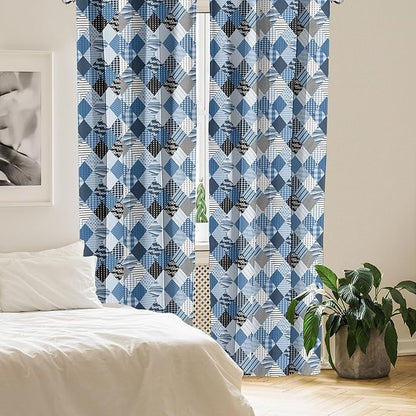 Ambesonne Geometric Window Curtains, Geometrical Diamond Shaped Lines with Various Nostalgic Fashioned Old Pattern, Decorative Panels Set of 2 with Rod Pocket, Pair of - 28" x 84", Black Blue