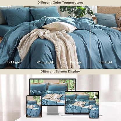 MooMee Bedding Duvet Cover Set 100% Washed Cotton Linen Like Textured Breathable Durable Soft Comfy (Heathered Peacock Blue, King 104"x90")
