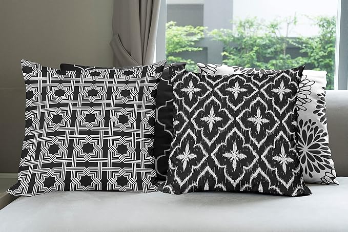 Ambesonne Vintage Throw Pillow Cushion Case Pack of 4, Monochrome Design Grid Trellis Quatrefoil Mesh and Dahlia Flowers Modern, Modern Accent Double-Sided Digital Printing, 18", Charcoal Grey White