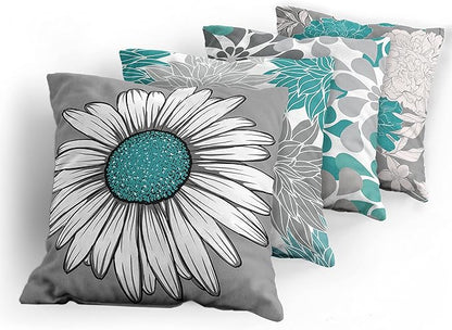 Ambesonne Floral Throw Pillow Cushion Case Pack of 4, Flower Petals Modern Color Palette Chamomile Peony Dahlia and Sunflower Print, Modern Accent Double-Sided Digital Printing, 16", Grey Dark Seafoam