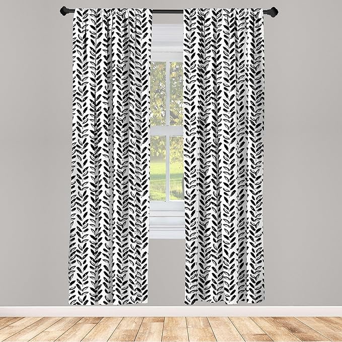 Ambesonne Black and White Window Curtains, Modern Grunge Botany Motif Monochrome Brush Paint Style Strokes, Lightweight Decor 2-Panel Set with Rod Pocket, Pair of - 28" x 63", White and Black