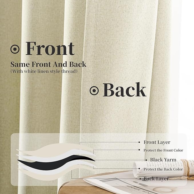KangBang Ivory Cream Blackout Linen Curtains 84 Inches Long 2 Panels Set, Pinch Pleated Thermal Insulated Drapes Back Tab Baby Sleep Friendly Window Treatments Buttermilk, 52Wx84L.