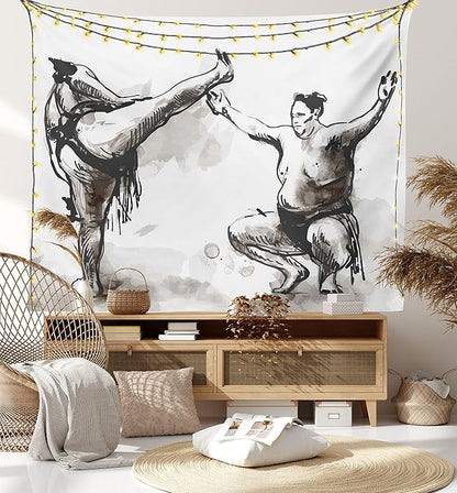 Lunarable Japan Tapestry Twin Size, Sumo Martial Arts Theme in Hand Drawn Style Wrestlers Sportsmen Self Defence, Wall Hanging Bedspread Bed Cover Wall Decor, Twin Size, Black White