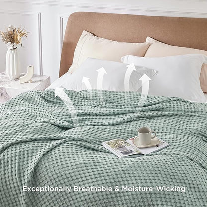 Bedsure Cooling Cotton Waffle King Size Blanket - Lightweight Breathable Blanket of Rayon Derived from Bamboo for Hot Sleepers, Luxury Throws for Bed, Couch and Sofa, Sage Green, 104x90 Inches
