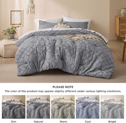 Bedsure Queen Comforter Set - Grey Comforter, Boho Tufted Shabby Chic Bedding for Kids, 3 Pieces Vintage Farmhouse Bed Set for All Seasons, Fluffy Soft Bedding with 2 Pillow Shams