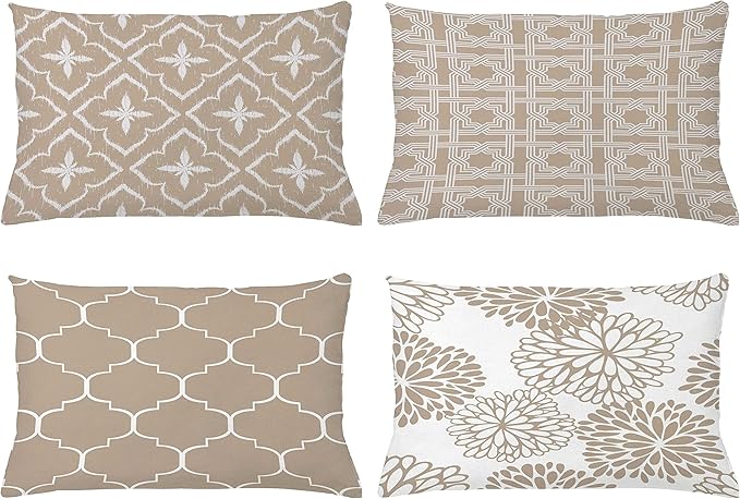 Ambesonne Vintage Throw Pillow Cushion Case Pack of 4, Monochrome Design Grid Trellis Quatrefoil Mesh and Dahlia Flowers Modern Print, Modern Accent Double-Sided Printing, 20" x 12", Tan and White
