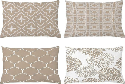 Ambesonne Vintage Throw Pillow Cushion Case Pack of 4, Monochrome Design Grid Trellis Quatrefoil Mesh and Dahlia Flowers Modern Print, Modern Accent Double-Sided Printing, 20" x 12", Tan and White