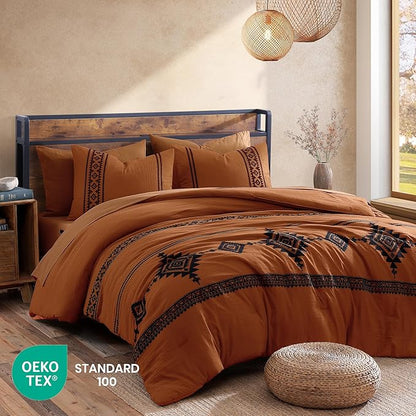 MaiRêve Burnt Orange Embroidery Comforter Sets Full Size - 7 Pieces, Farmhouse Western Boho Comforter Set, All Season Bed in A Bag Full Size with Sheets, Pillowcases & Shams