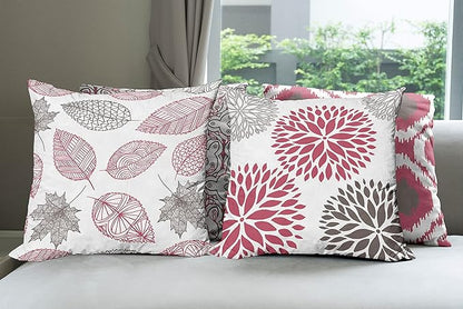 Ambesonne Vintage Throw Pillow Cushion Case Pack of 4, Bohemian Ornamental Leaves Dahlia Pattern Geometric Art Curlicue Motif, Modern Accent Double-Sided Digital Printing, 16", Raspberry Taupe White