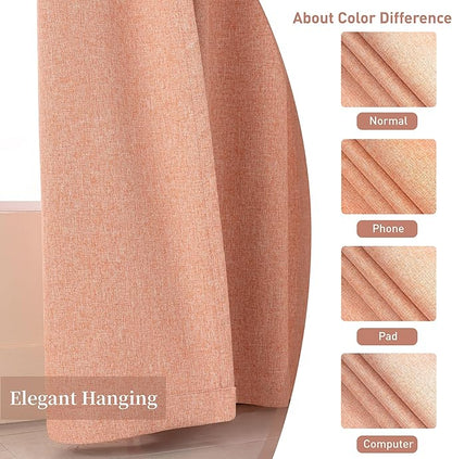KangBang Light Coral Blackout Linen Curtains 96 Inches Long for Living Room Girls Nursery, Back Tab Hook Belt Rod Pocket Black Out Light Blocking Drapes, Farmhouse Curtains with Clip Rings, Salmon