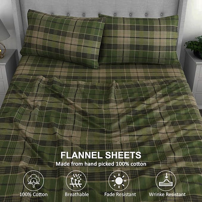 RUVANTI Flannel Sheets Queen Size - 100% Cotton Double Brushed Bed Sheets, Deep Pockets 16 Inches Queen Sheet Set, All Seasons Breathable & Extra Soft - Warm & Cozy, 4 Piece, DNA Plaid