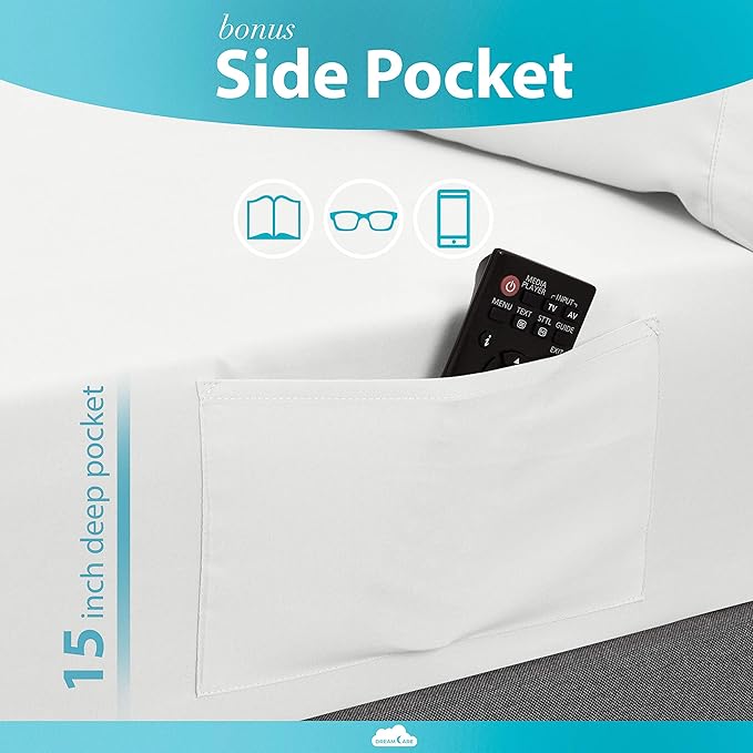 DREAMCARE Twin Sheets Set – 3pcs Cooling Sheets – up to 15” Deep Pocket Twin Sheet Set – Hotel Luxury Sheets & Pillowcases – Superior Softness 100% Fine Microfiber with Side Pocket – White