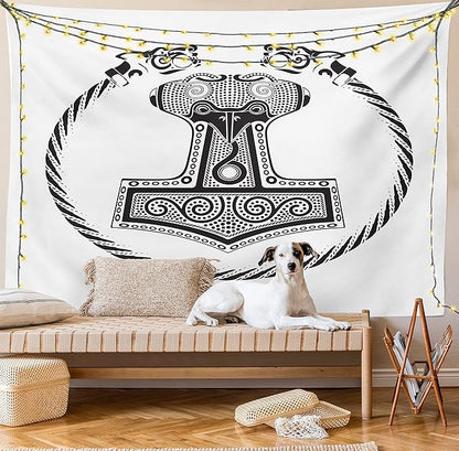 Lunarable Mjolnir Tapestry, Thor's Hammer with Scandinavian Folk Nordic Ornamental Art, Wall Hanging for Bedroom Living Room Dorm Decor, 60" X 80", White Charcoal