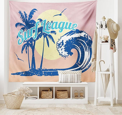 Lunarable Vintage Hawaii Tapestry, Surf League Lettering with Wave Tropical Trees and Birds Silhouettes Print, Fabric Wall Hanging Decor for Bedroom Living Room Dorm, 28" X 23", Pink Blue